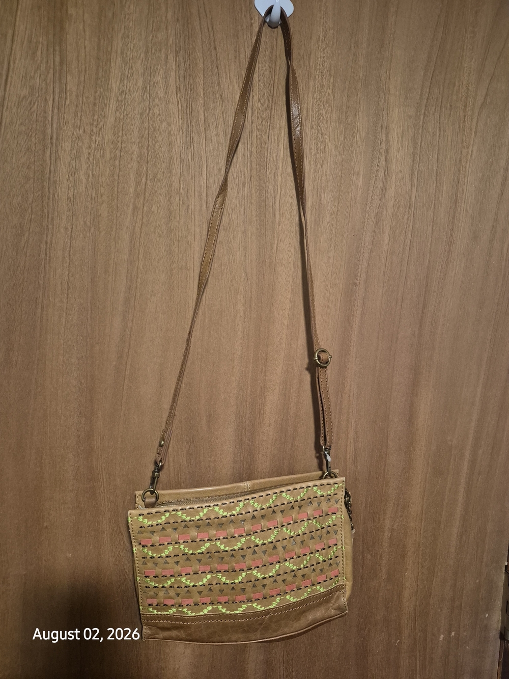 SAK Leather Crossbody Bag in Brown with Multicolor Woven Detail